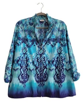 Chico's Zenergy XL Ikat Print Full Zip 3/4 Sleeve Sporty Lightweight Jacket Blue